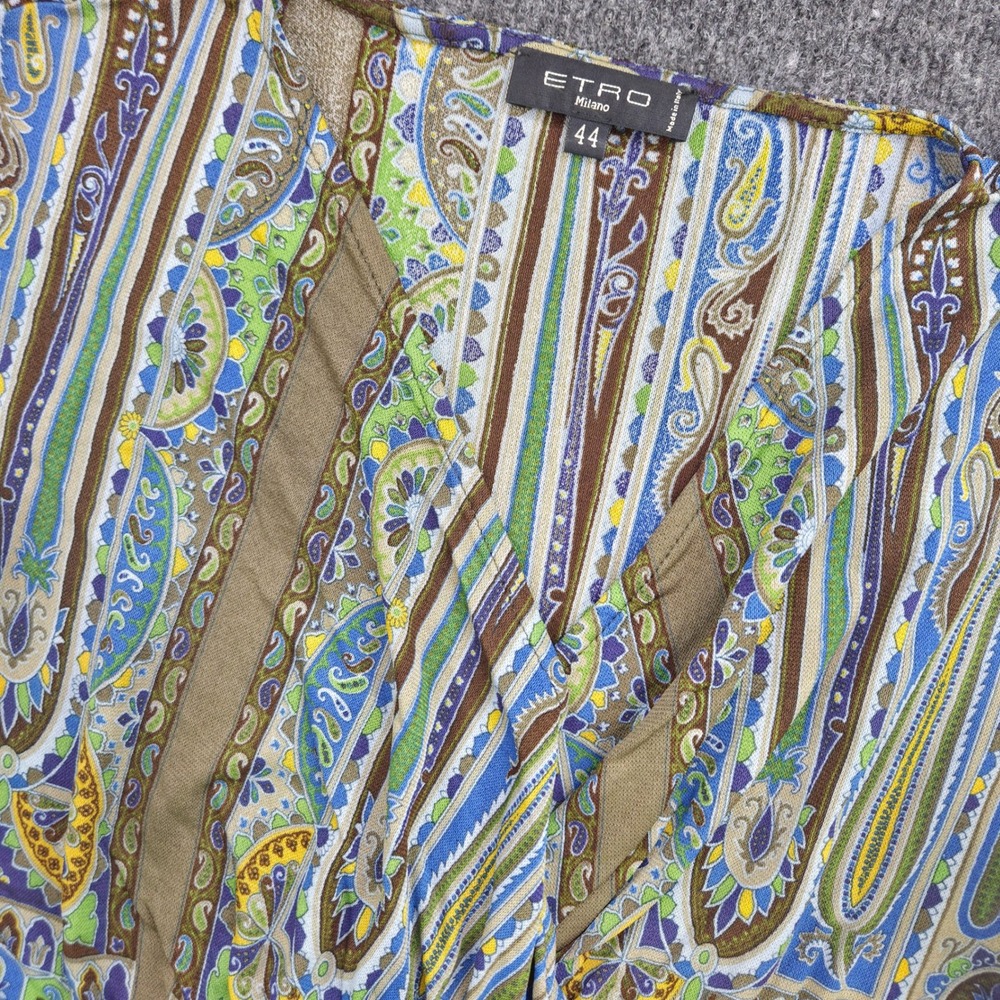 Etro Milano Paisley Top Womens 44 Blue Green Knit V-Neck Cap Sleeve Boho Blouse